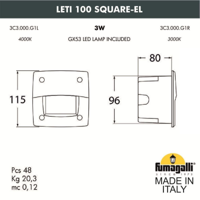 Светильник для подсветки лестниц встраиваемый FUMAGALLI LETI 100 Square-EL 3C3.000.000.LYG1L