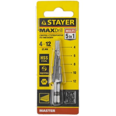 Сверло ступенчатое STAYER 4-12 мм, 5 ступеней, HSS 29660-4-12-5