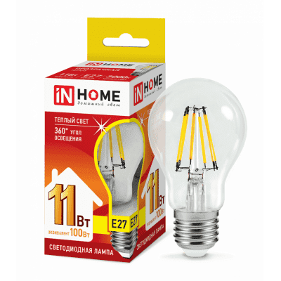 Лампа светодиодная LED-A60-deco 11Вт 230В Е27 3000К 990Лм прозрачная IN HOME 4690612026121